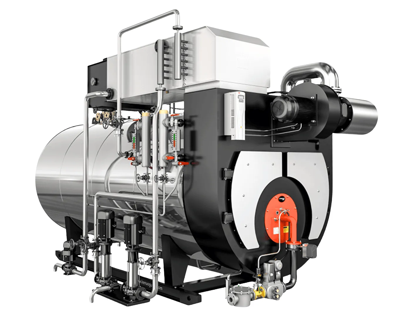 Industrial fire-tube boiler unit showing feedwater pumps, valves, and control panel